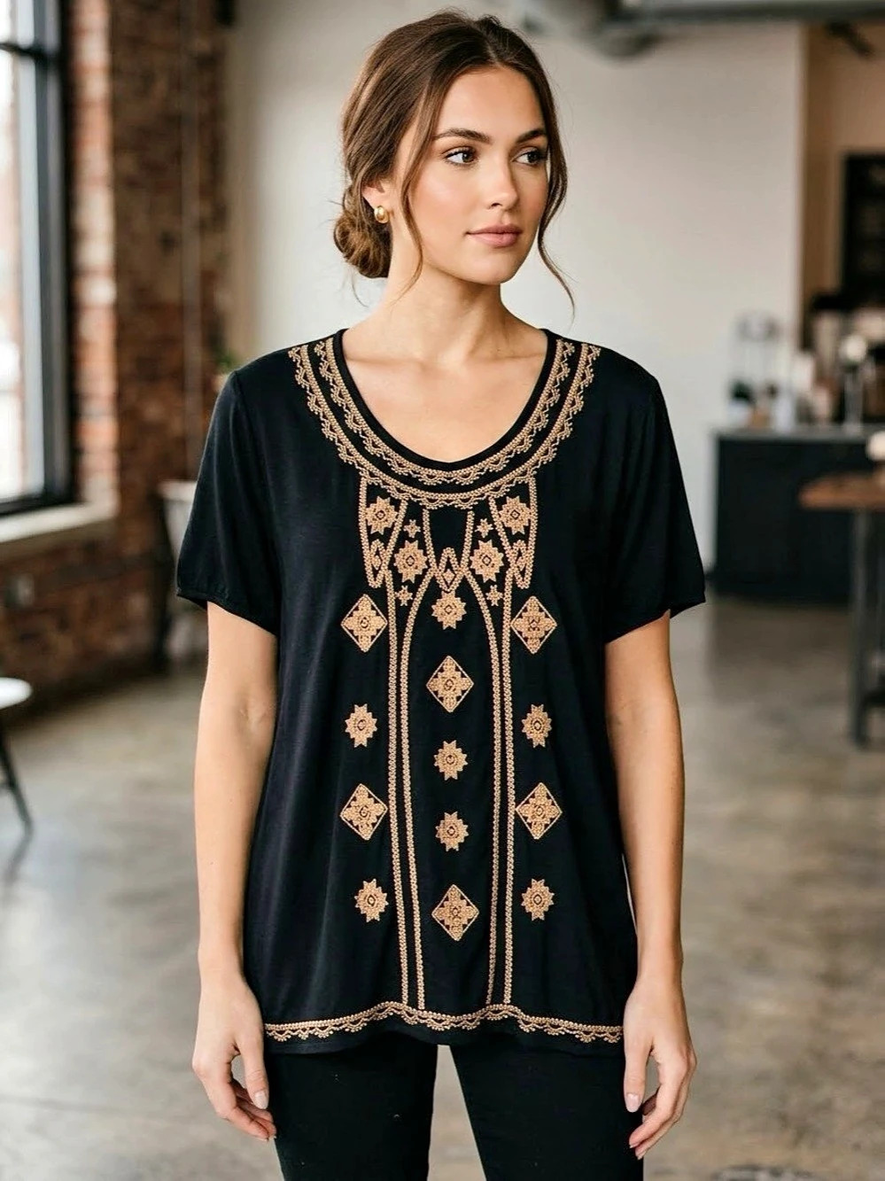 Umgee Womens 2XL Black Embroidered Boho Tunic Top Short Sleeve Blouse